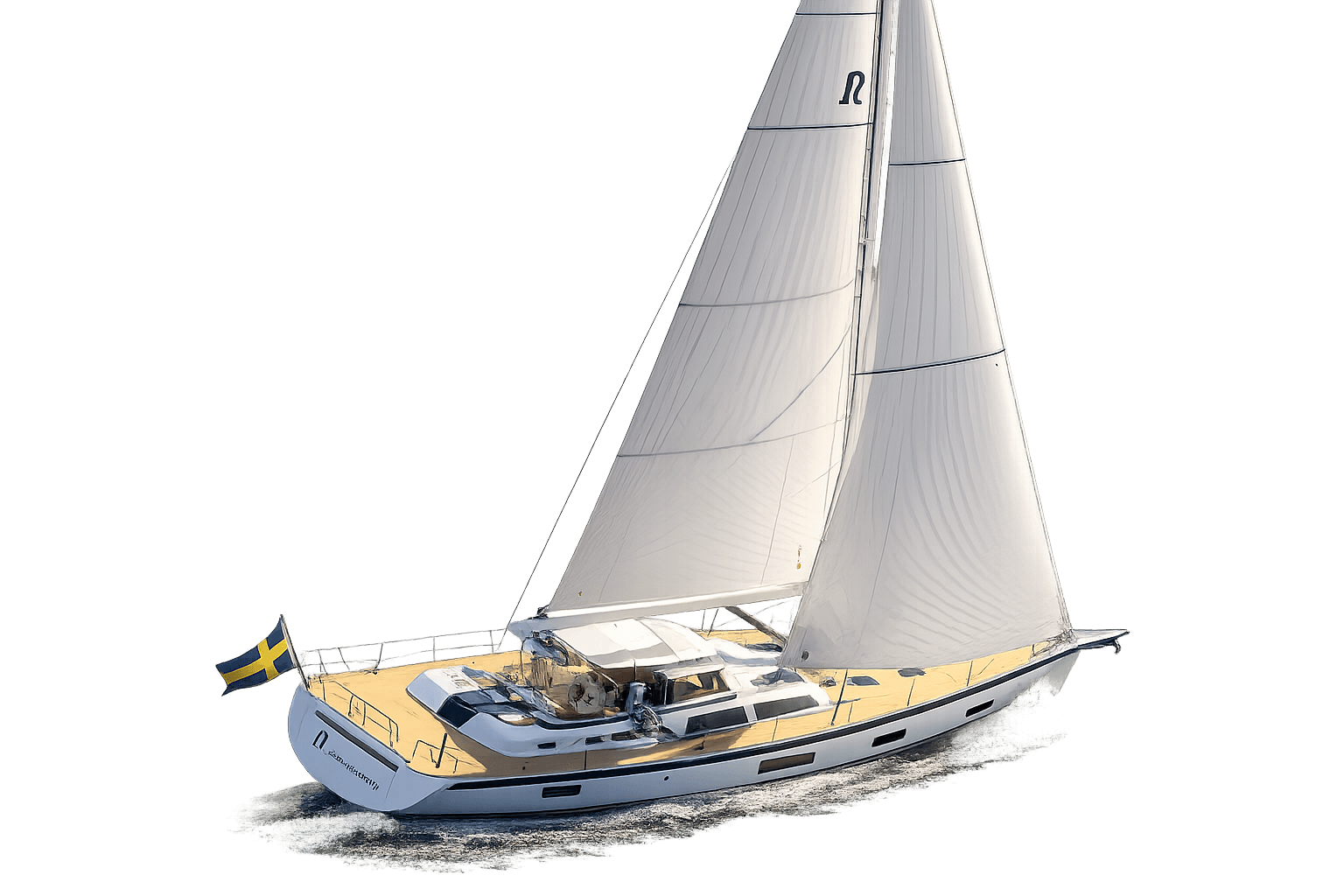 Hallberg-Rassy segelbåt med svensk flagga